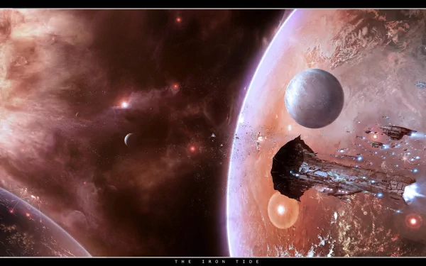 A stunning HD desktop wallpaper from the video game EVE Online, featuring a vibrant cosmic scene with planets and a distant spacecraft amidst a stellar backdrop.