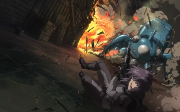 A dynamic 4K Ultra HD Anime wallpaper from Ghost in the Shell, featuring an intense action scene with a character and a blue mechanical spider amid an explosion.