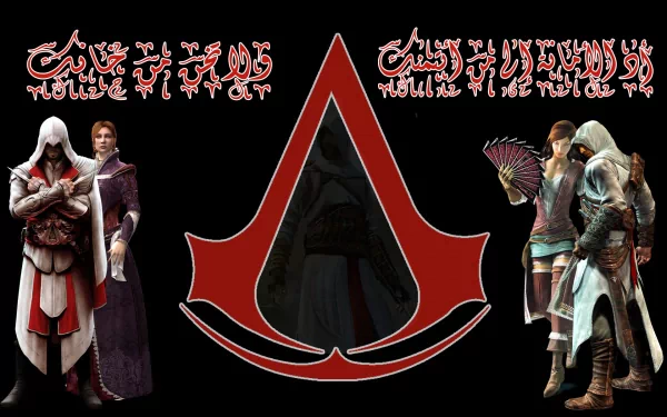 HD wallpaper featuring Altair and Ezio from Assassin's Creed, showcasing iconic characters against a striking black background with the Assassin's Creed symbol.