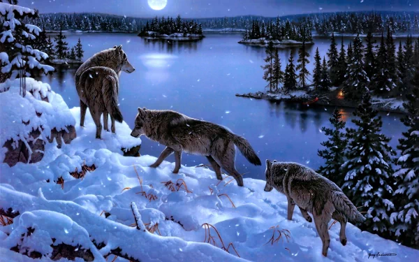 Three wolves tread through the snowy landscape under a moonlit sky, with a serene lake and pine forest in the background. This HD desktop wallpaper captures the wilderness in stunning detail.