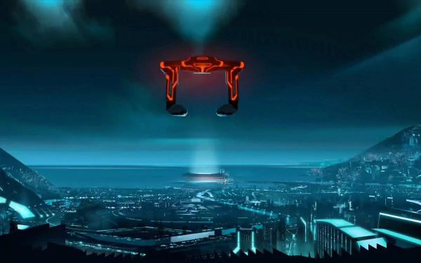 HD PC desktop wallpaper showing a futuristic sci‑fi cityscape inspired by the TV show Tron: Uprising — neon blue grids, distant skyline and a hovering orange gate.