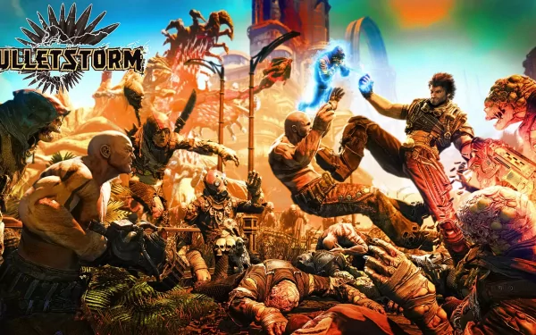 HD PC desktop wallpaper from the video game Bulletstorm depicting an intense battle scene with characters fighting amid a fiery, chaotic backdrop.