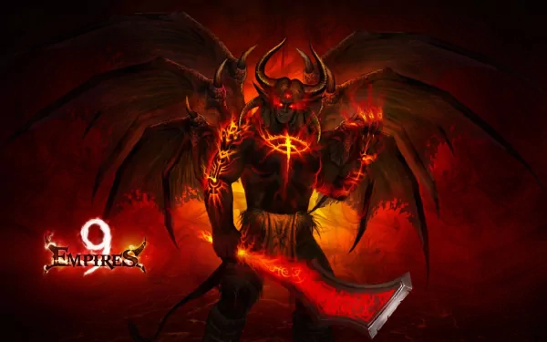 Red-winged demon creature from the video game 9 Empires, glowing runes and a flaming blade in a deep red scene — HD PC desktop wallpaper/background