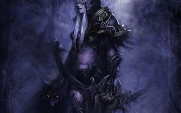 An HD desktop wallpaper and background featuring a character from the video game World of Warcraft, depicted in dark armor with a bow, accompanied by a shadowy creature in a mystical, bluish setting.