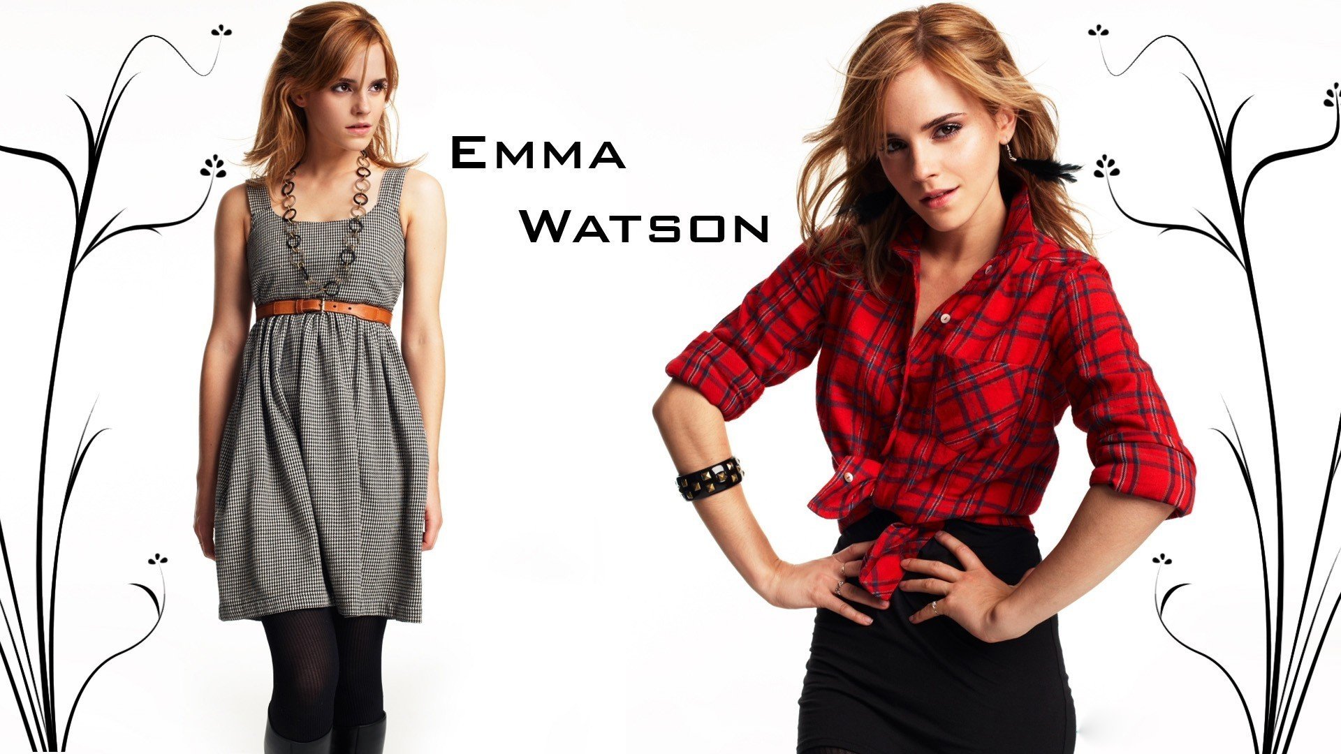 HD wallpaper featuring Emma Watson, showcasing her in two stylish outfits. The left side displays a striped dress, while the right highlights a red plaid shirt. Elegant floral accents frame the image.