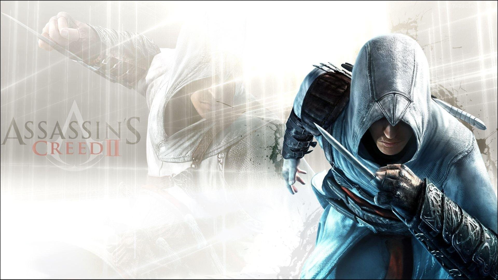 HD PC desktop wallpaper featuring a dynamic action scene from the video game Assassin's Creed II with the hooded protagonist in combat-ready stance.