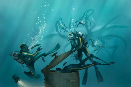 HD PC desktop wallpaper depicting two divers confronting a fantasy sea monster underwater, surrounded by glowing, tentacled creatures in a deep blue ocean setting.
