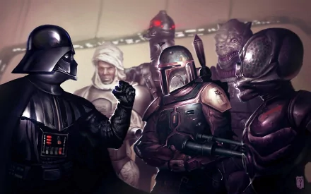 HD desktop wallpaper featuring Darth Vader, Boba Fett, Bossk, and other Star Wars bounty hunters in a sci-fi setting. Dynamic and engaging background image showcasing iconic characters.