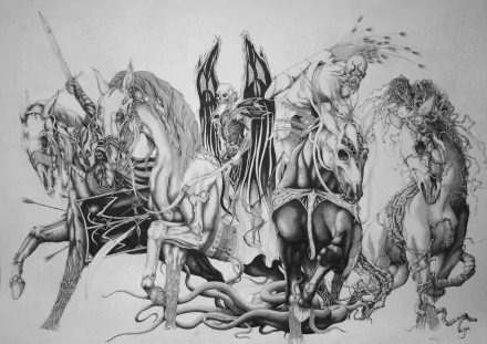 HD desktop wallpaper depicting a dark, intricately drawn scene of warriors, known as The Horde, featuring various menacing figures on horses. The monochromatic artwork exudes a powerful, foreboding atmosphere.