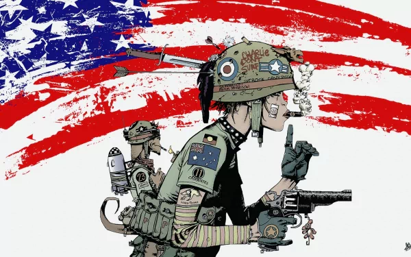 A striking HD wallpaper featuring Tank Girl, depicted with military gear and a background of the American flag, capturing the rebellious spirit of the iconic character.