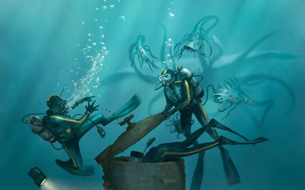 HD PC desktop wallpaper depicting two divers confronting a fantasy sea monster underwater, surrounded by glowing, tentacled creatures in a deep blue ocean setting.