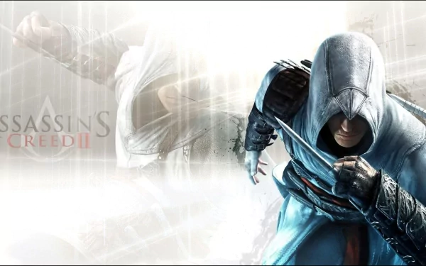HD PC desktop wallpaper featuring a dynamic action scene from the video game Assassin's Creed II with the hooded protagonist in combat-ready stance.