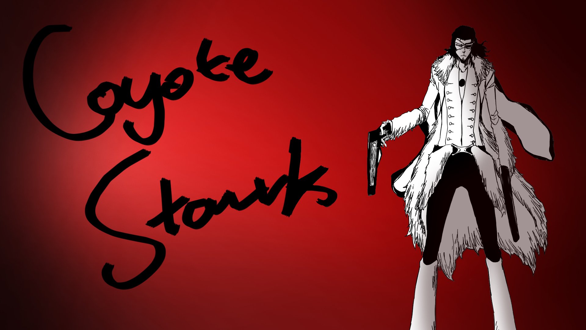 HD PC wallpaper: Coyote Starrk from the anime Bleach, standing in a white coat holding a pistol against a red background with a black handwritten signature.