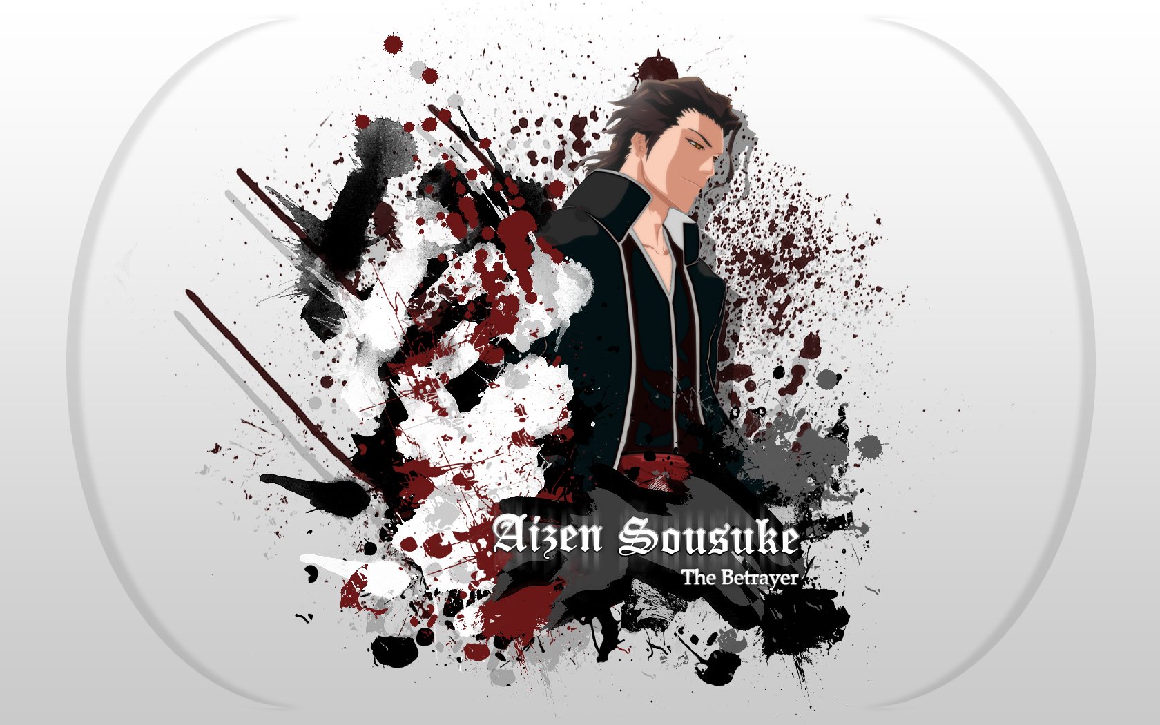 Sōsuke Aizen (Bleach) in a stylized ink-and-blood splatter portrait on a gray background — HD PC desktop wallpaper/background, anime art.