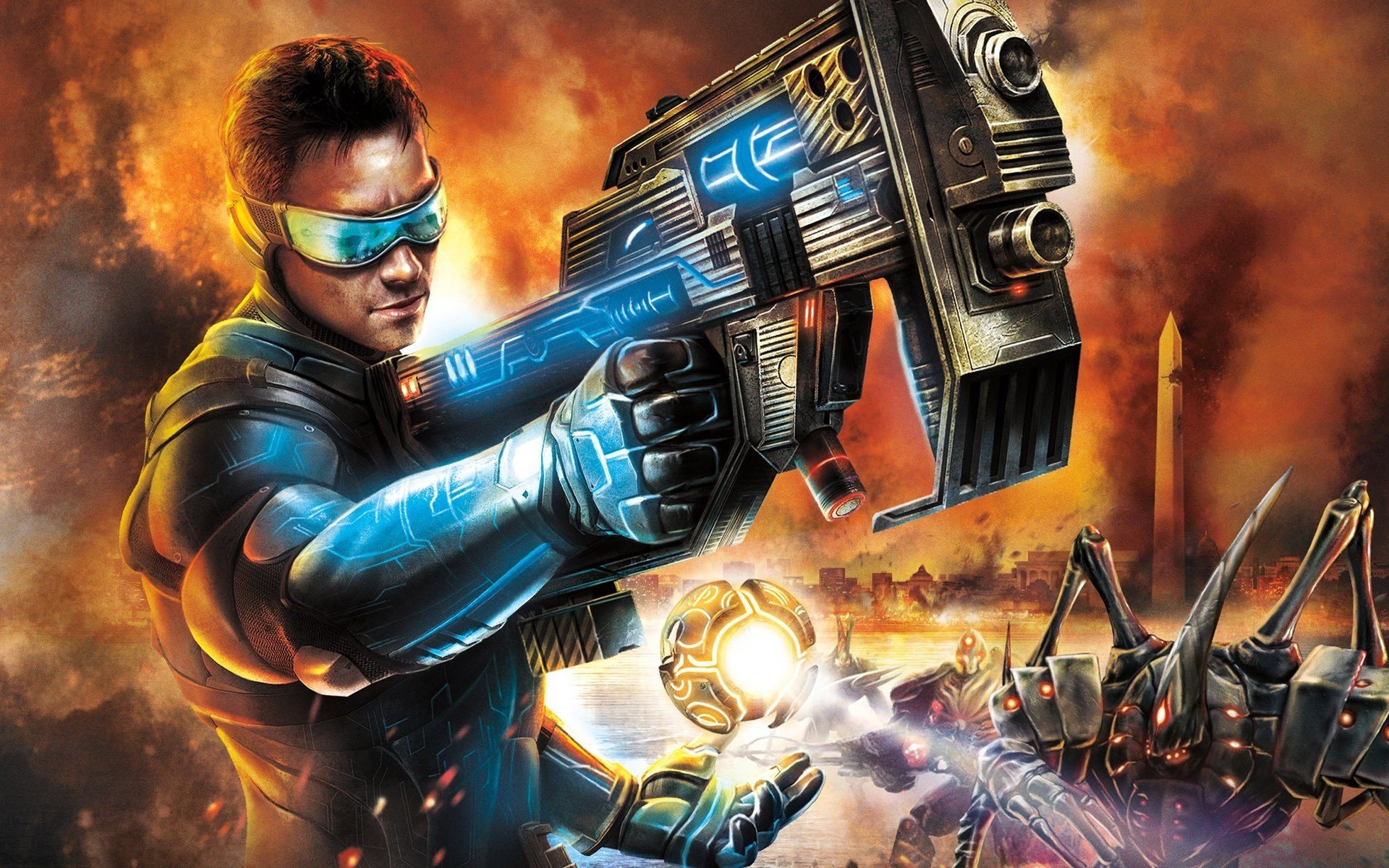 HD desktop wallpaper of a warrior from the video game The Conduit, wielding a futuristic gun and glowing energy orb against a fiery background.