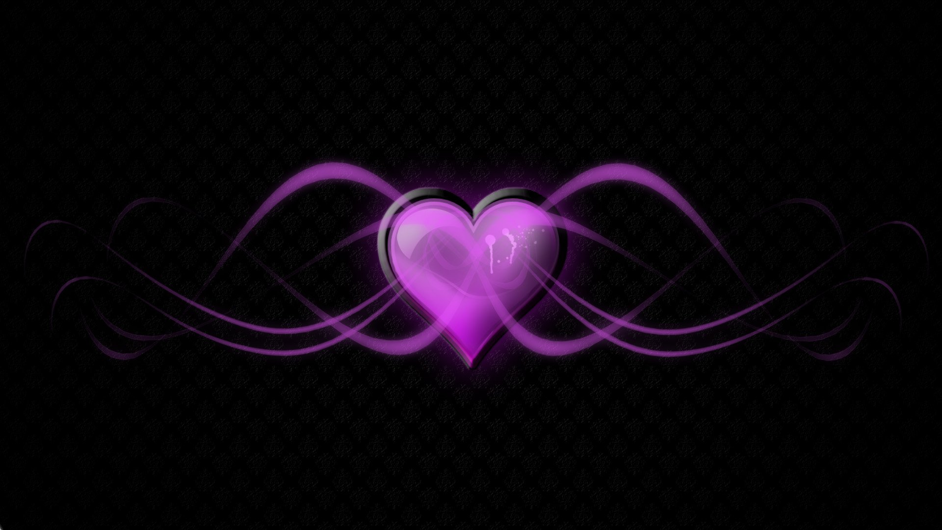 A vibrant, artistic heart design in shades of purple, surrounded by graceful swirls, set against a dark background, creating an eye-catching HD wallpaper for desktop use.