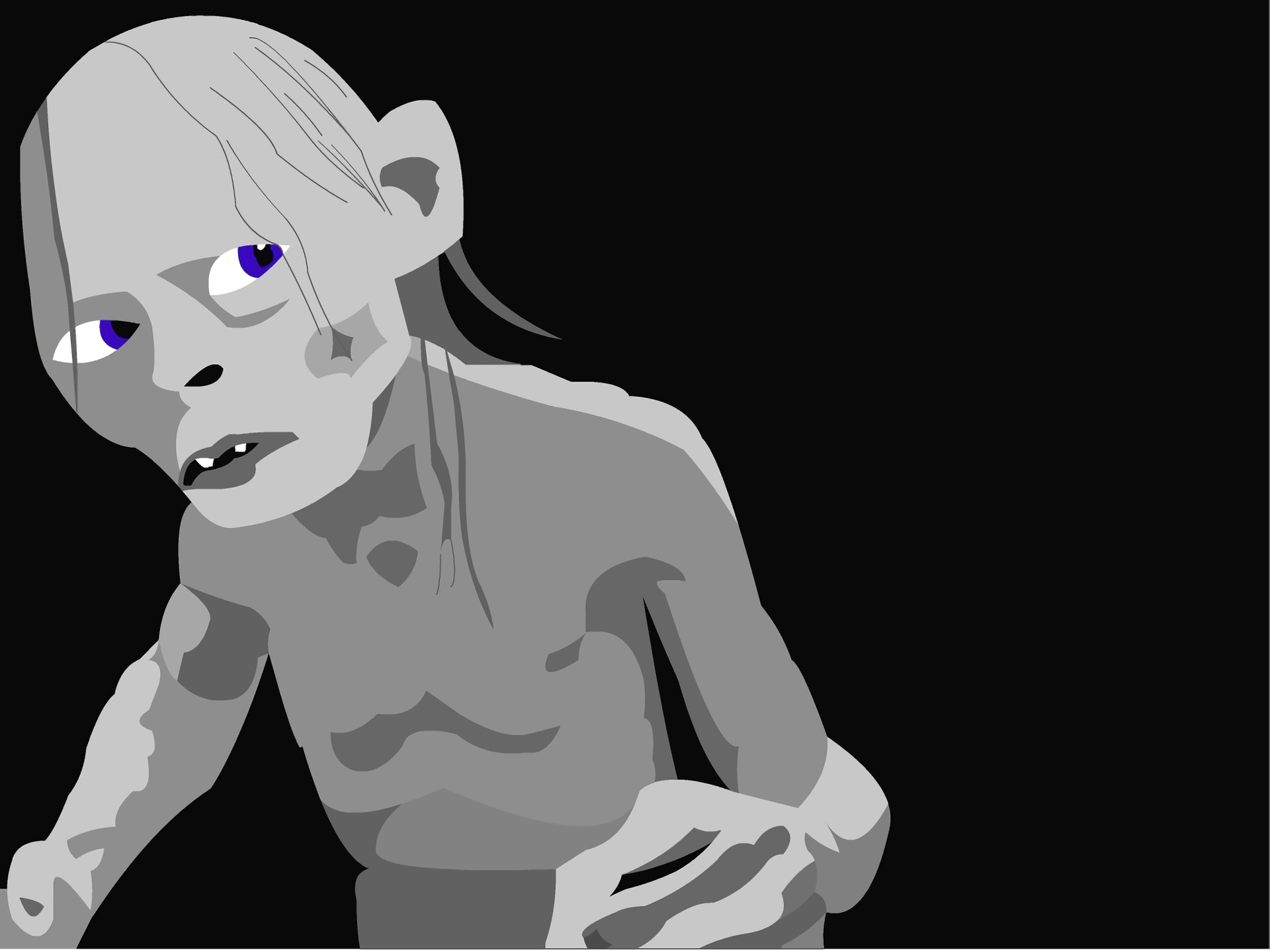 HD fantasy desktop wallpaper featuring a stylized illustration of Gollum from The Lord of the Rings with a dark background.