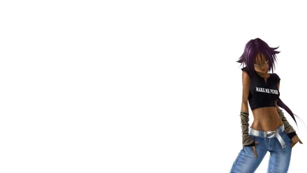 Yoruichi Shihôin from Bleach on a white background, wearing a black crop top and ripped jeans, posed at the right — HD PC desktop wallpaper and background.