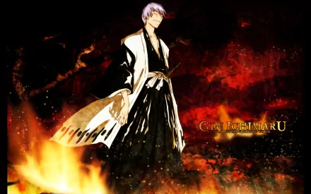 HD anime desktop wallpaper featuring Gin Ichimaru from Bleach standing confidently against a fiery, dark background.