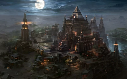 A fantasy night scene from Kingdom Under Fire II, depicting an Egyptian-inspired city under a full moon, with detailed buildings and an ancient atmosphere. HD desktop wallpaper and background.