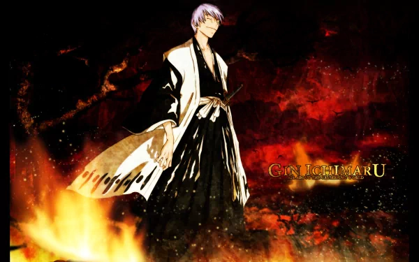 HD anime desktop wallpaper featuring Gin Ichimaru from Bleach standing confidently against a fiery, dark background.
