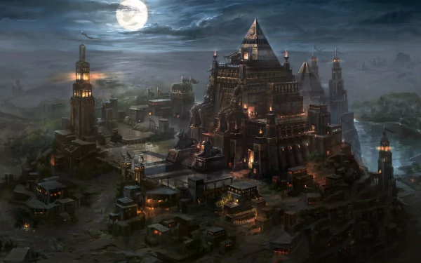 A fantasy night scene from Kingdom Under Fire II, depicting an Egyptian-inspired city under a full moon, with detailed buildings and an ancient atmosphere. HD desktop wallpaper and background.