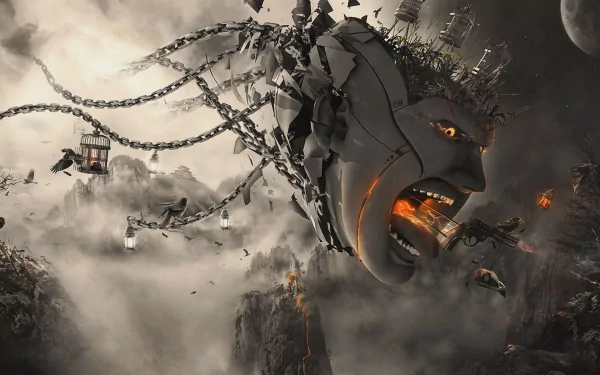 Surreal 3D HD wallpaper featuring an abstract face with a gun protruding from the mouth, surrounded by chains and fragmented pieces, set against a dark, mysterious background.