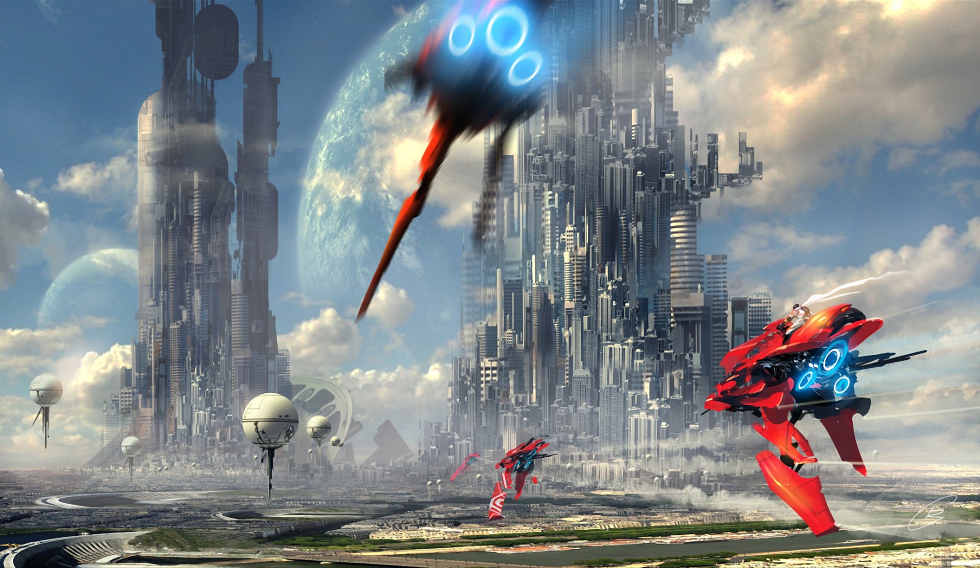 A vibrant sci-fi cityscape featuring towering structures, futuristic vehicles, and a distant planet, creating a stunning HD PC desktop wallpaper and background.