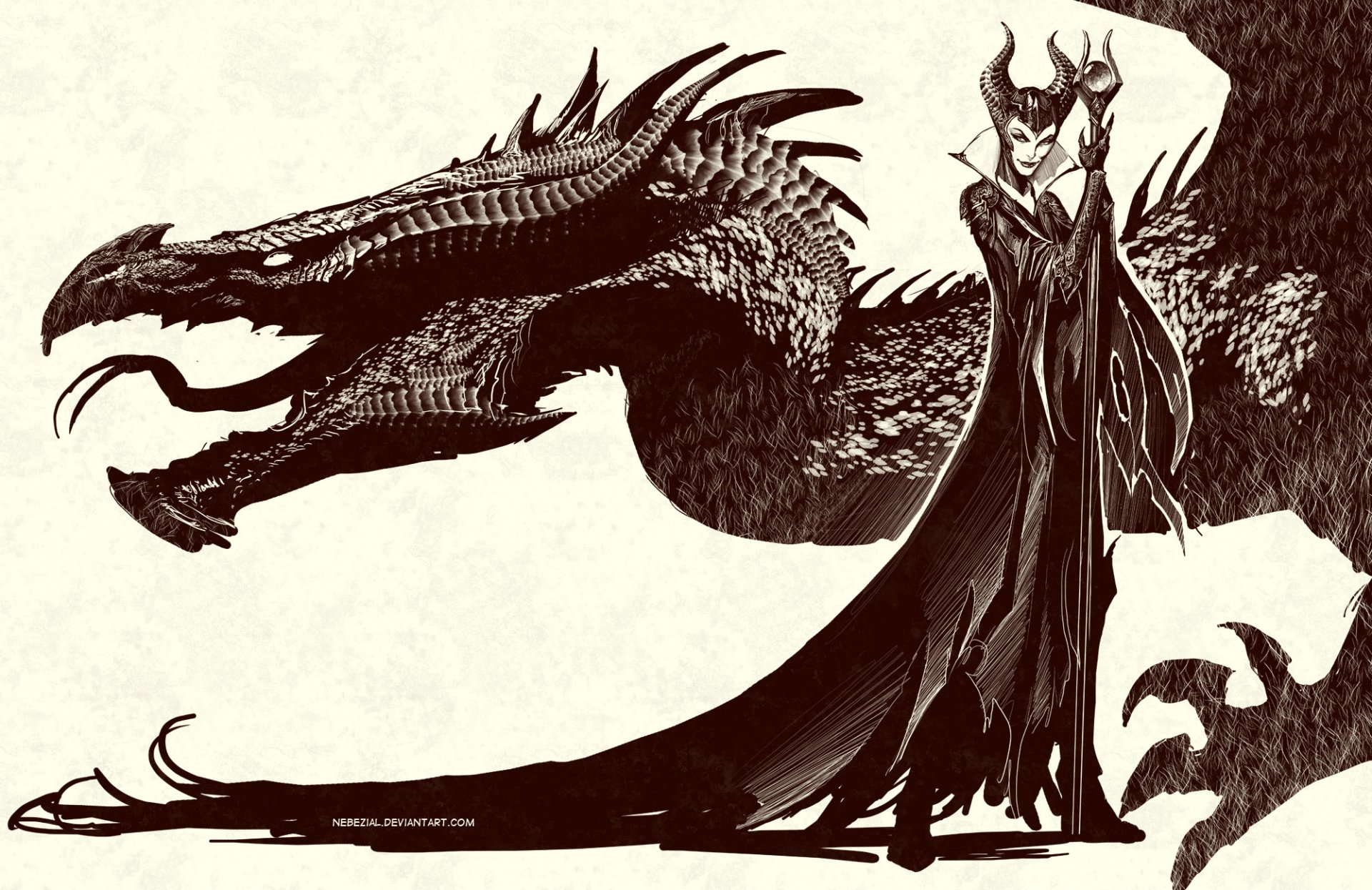 HD fantasy desktop wallpaper featuring a detailed monochrome dragon beside a dark, regal figure in elaborate armor and a horned headdress.