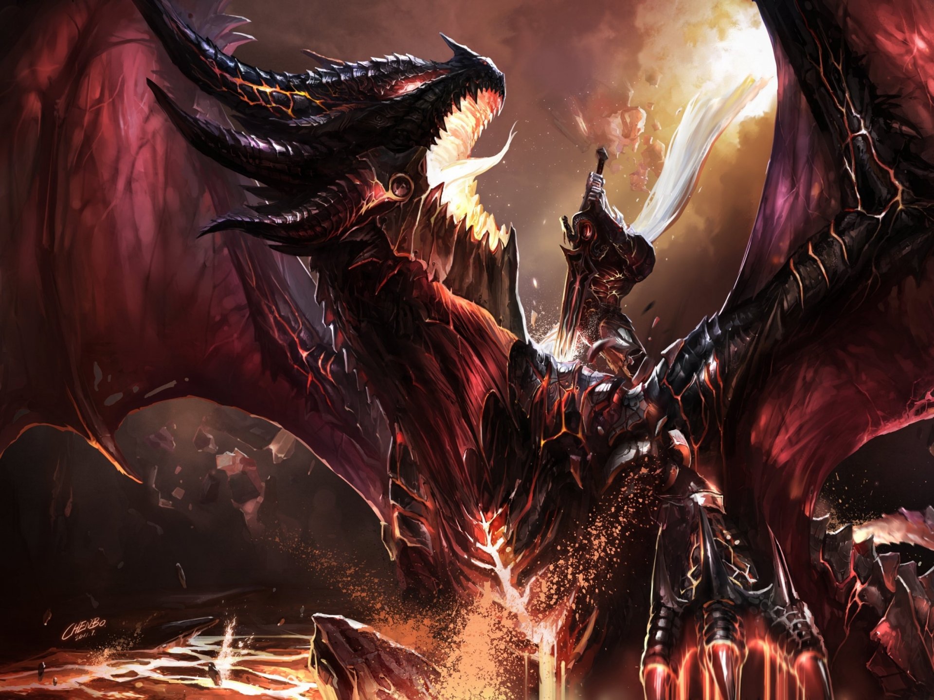 HD fantasy PC desktop wallpaper featuring a fierce, fiery dragon with glowing eyes and wings spread wide in a dark, intense atmosphere.