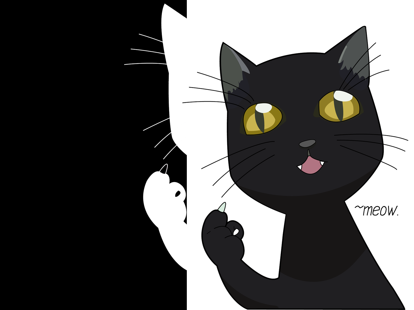 HD anime desktop wallpaper featuring Yoruichi Shihôin from Bleach as a black cat with bright yellow eyes and a playful expression saying meow.