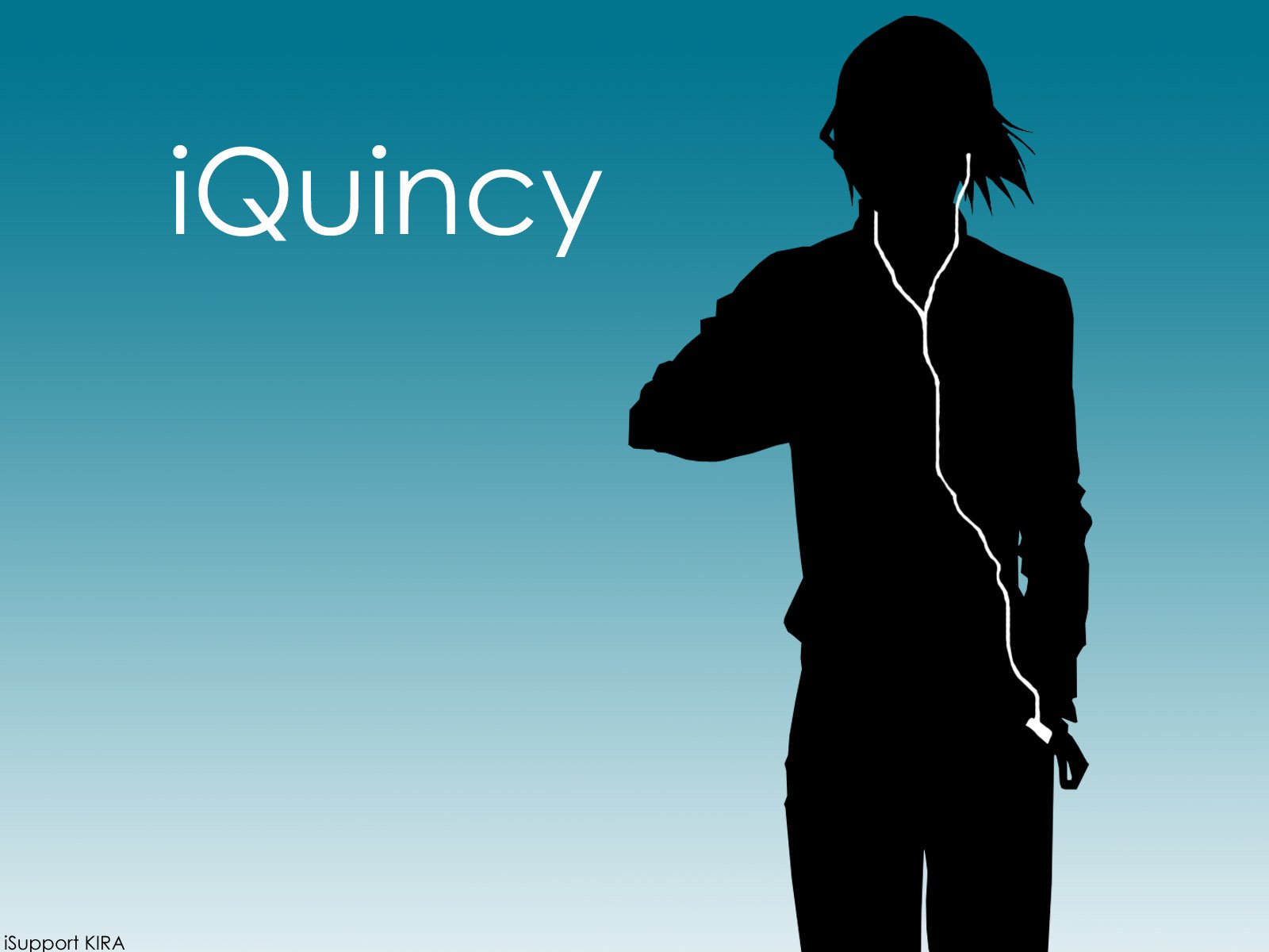 HD anime desktop wallpaper featuring a silhouette of Uryu Ishida from Bleach wearing earphones against a gradient blue background with the text iQuincy.