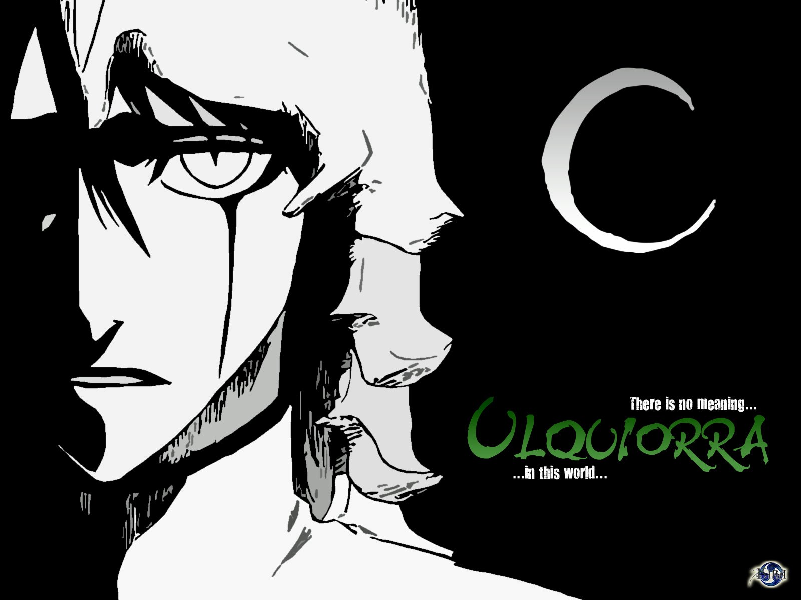 HD PC desktop wallpaper featuring Ulquiorra Cifer from the anime Bleach, showcasing his intense gaze and iconic tear-like markings on a stark black and white background.