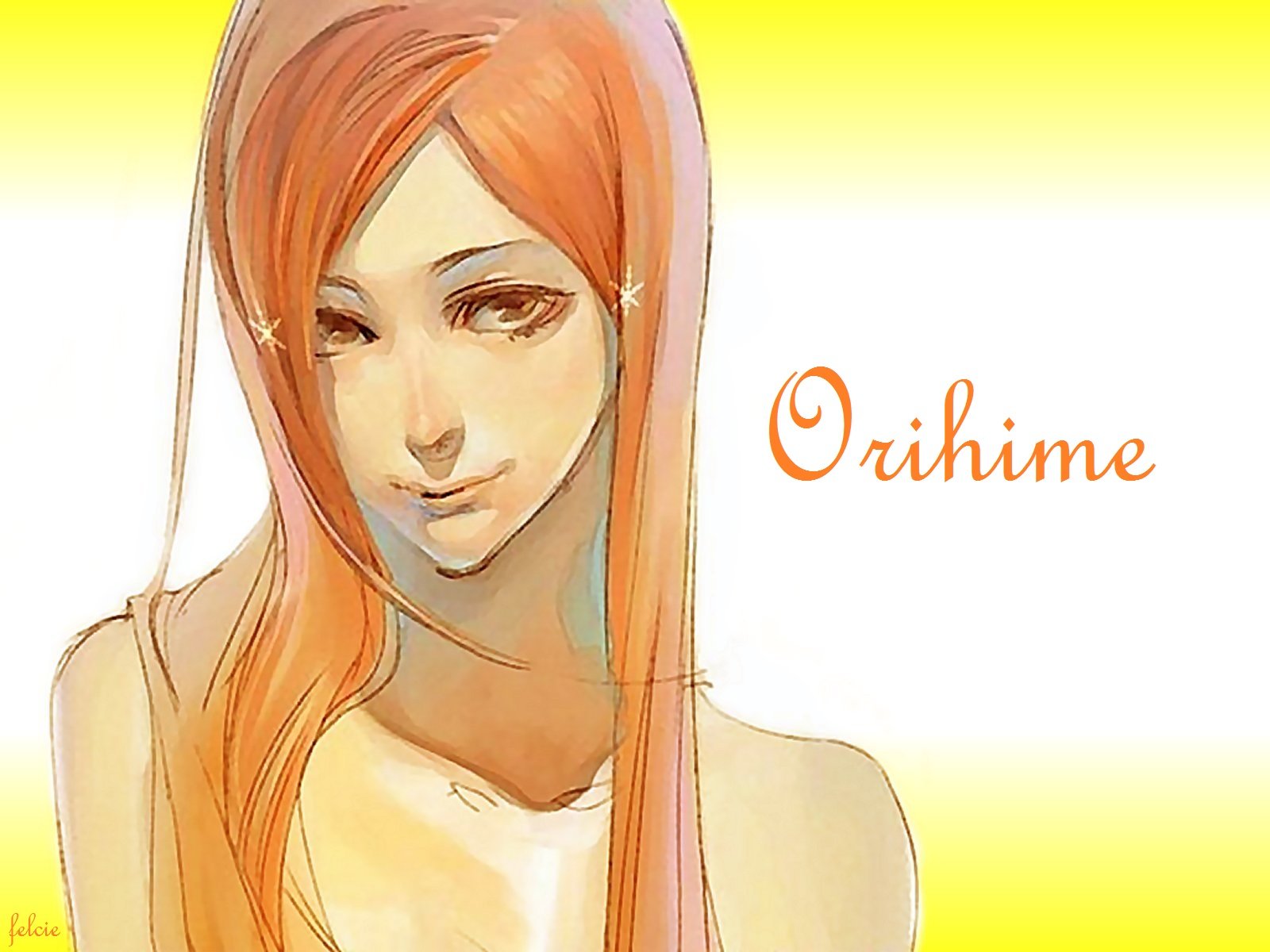 HD anime desktop wallpaper of Orihime Inoue (Bleach): soft pastel portrait with long orange hair and a gentle smile against a warm yellow background.
