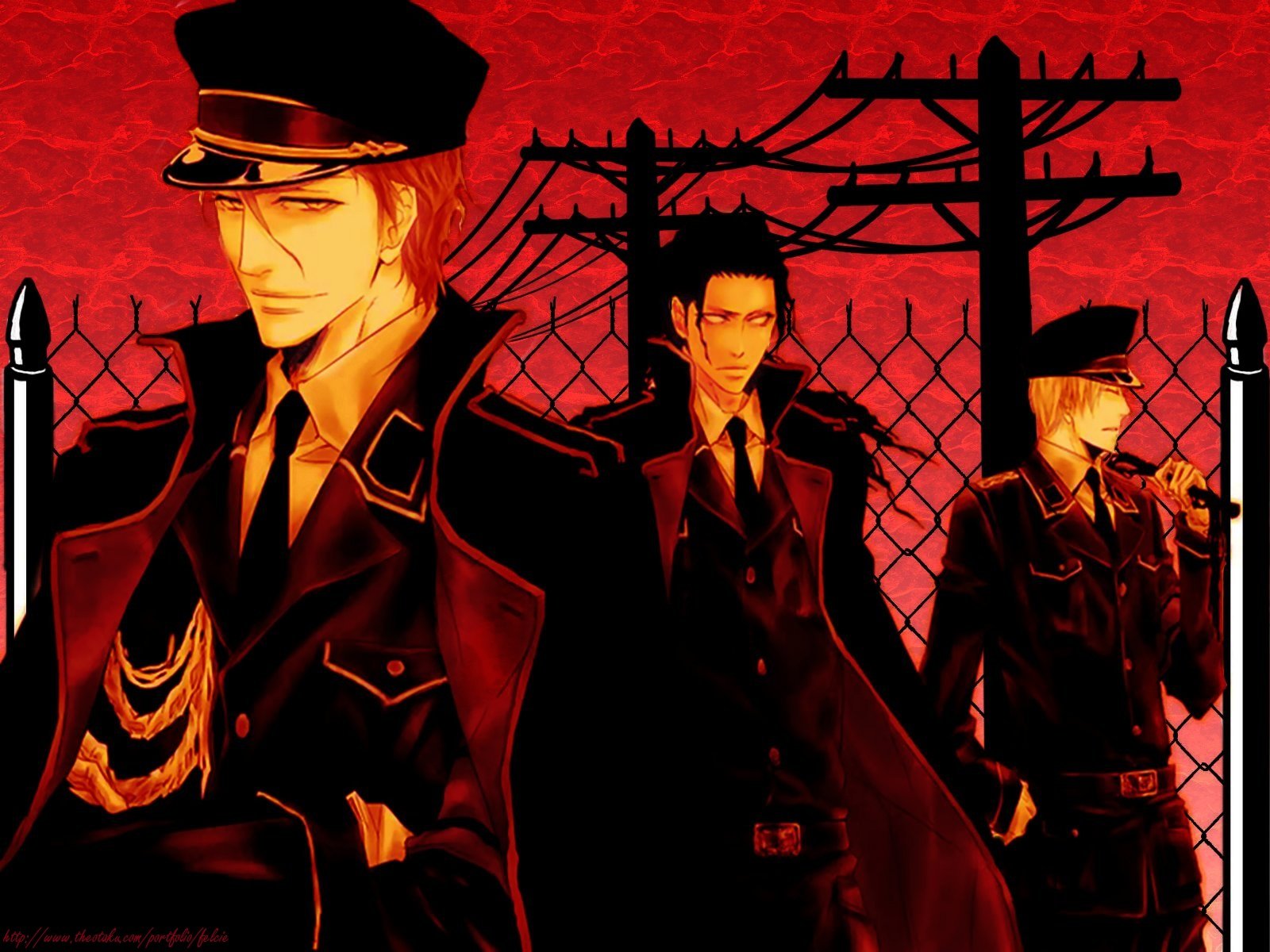 HD PC desktop wallpaper featuring Kaname Tosen, Gin Ichimaru, and Sōsuke Aizen from the anime Bleach against a red, industrial background.