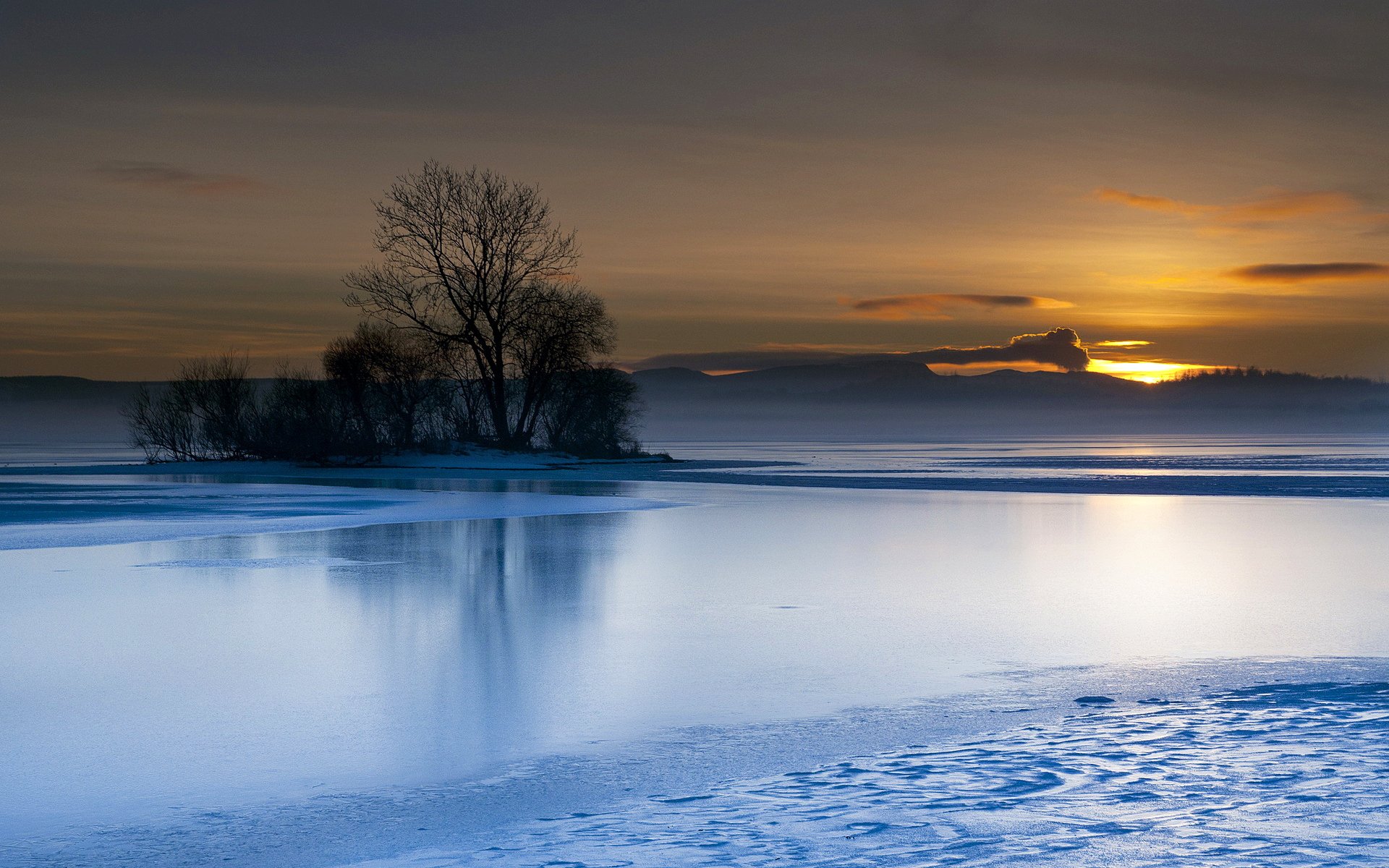 A serene winter landscape featuring a foggy lake at sunset, with icy water reflecting the warm hues of the sky and a solitary tree silhouetted on a small island.