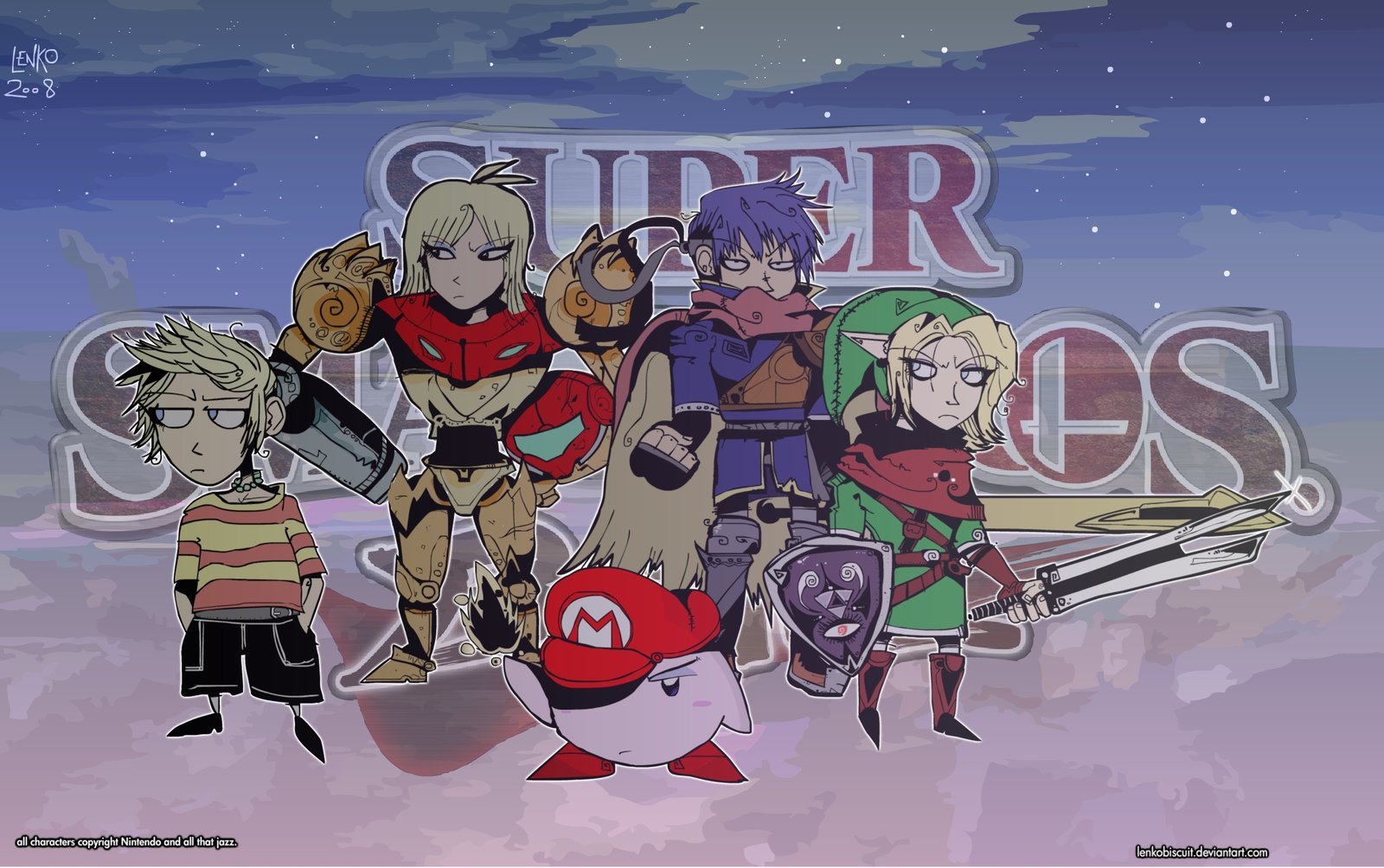 HD PC desktop wallpaper featuring stylized characters from the video game Super Smash Bros. Brawl with a muted sky background and the game’s logo behind them.