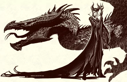HD fantasy desktop wallpaper featuring a detailed monochrome dragon beside a dark, regal figure in elaborate armor and a horned headdress.