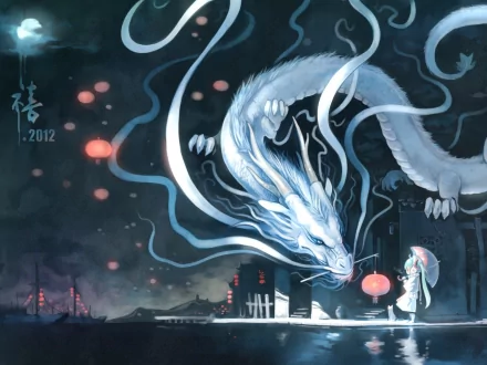 Fantasy-themed HD PC desktop wallpaper featuring a glowing white dragon interacting with a small figure under lantern light in a mystical, dark urban setting.