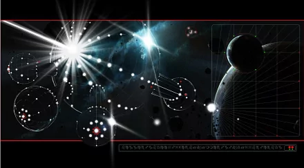 HD PC desktop wallpaper featuring an artistic sci-fi scene with glowing celestial bodies, light flares, and geometric patterns in a futuristic space setting.