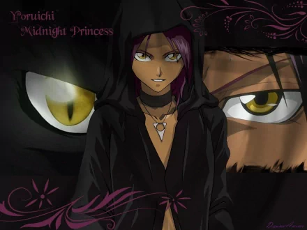 HD anime desktop wallpaper featuring Yoruichi Shihôin from Bleach, with intense close-up eyes and dark, mysterious tones.