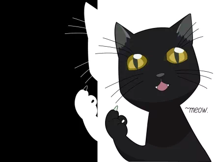 HD anime desktop wallpaper featuring Yoruichi Shihôin from Bleach as a black cat with bright yellow eyes and a playful expression saying meow.