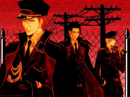 HD PC desktop wallpaper featuring Kaname Tosen, Gin Ichimaru, and Sōsuke Aizen from the anime Bleach against a red, industrial background.