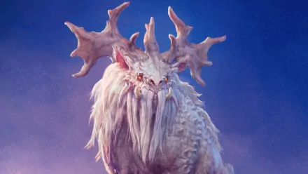 HD PC desktop wallpaper from the video game Age of Conan featuring a fierce, white, antlered beast against a blue sky background.