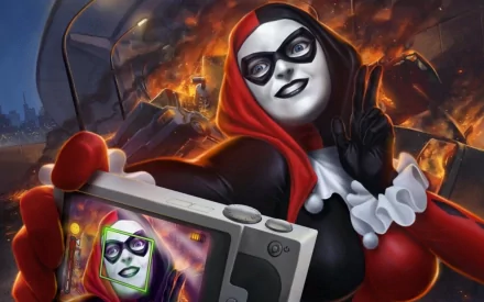 HD comic-style desktop wallpaper of Harley Quinn taking a selfie with a fiery, chaotic background.