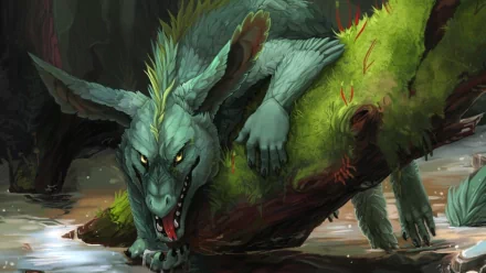 Fantasy creature: green, wolf-like beast with glowing eyes crouches on a mossy log in a misty swamp. HD PC desktop wallpaper background.