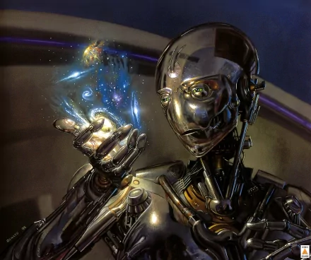 HD desktop wallpaper featuring a Sci-Fi cyborg robot, examining a small galaxy-like cluster in its hand, set in a futuristic background.