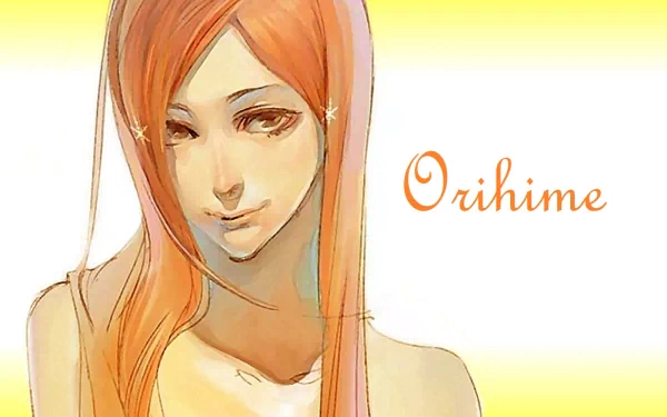 HD anime desktop wallpaper of Orihime Inoue (Bleach): soft pastel portrait with long orange hair and a gentle smile against a warm yellow background.