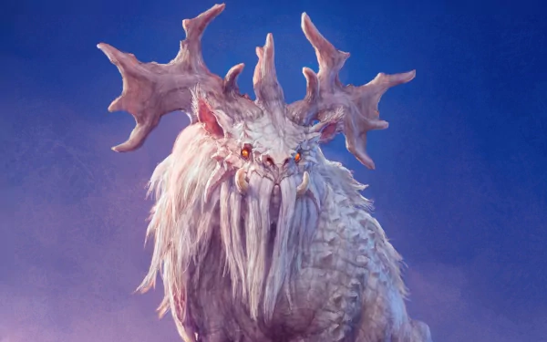 HD PC desktop wallpaper from the video game Age of Conan featuring a fierce, white, antlered beast against a blue sky background.