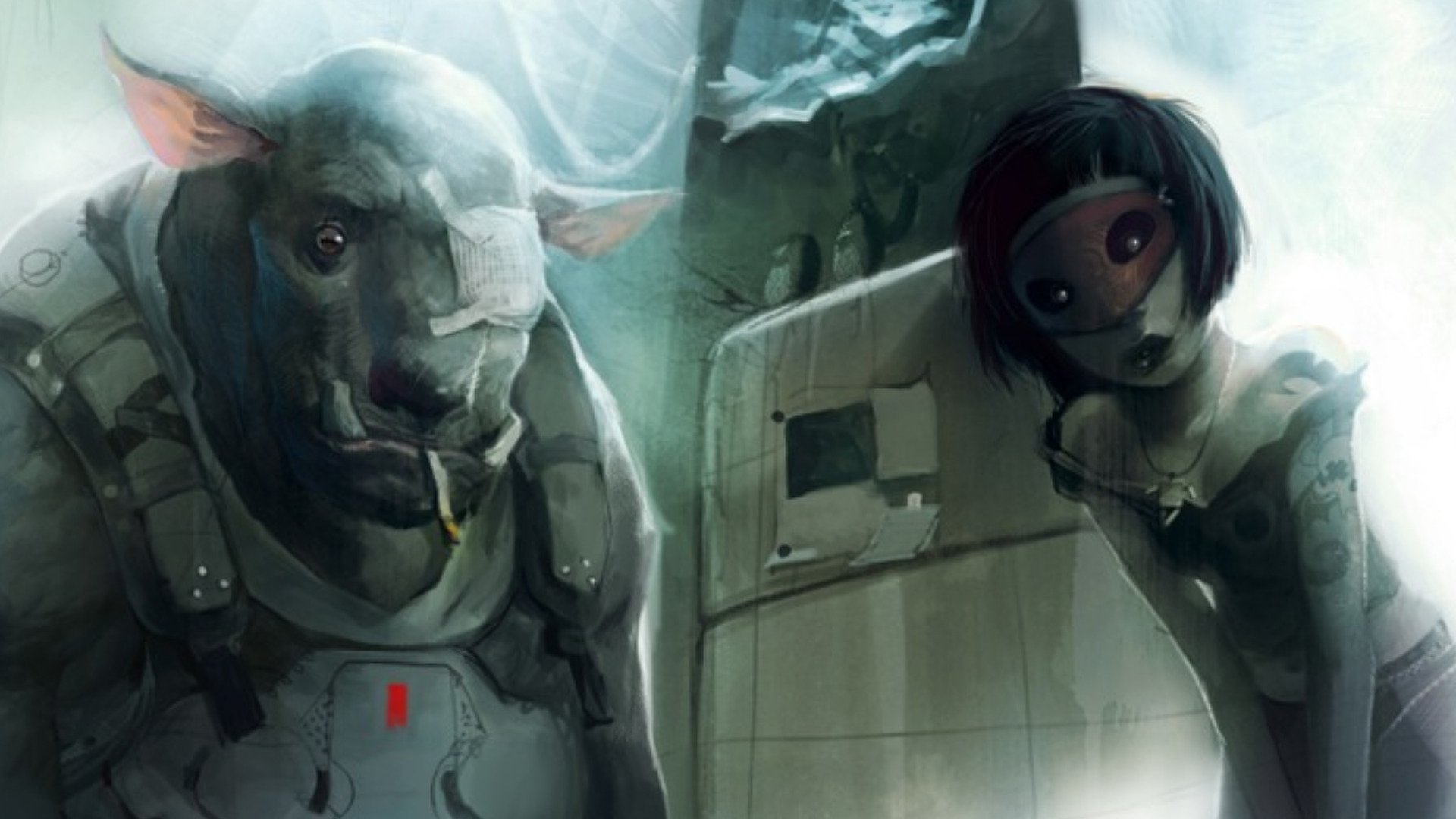 HD fantasy PC desktop wallpaper featuring a humanoid creature with a bull-like head and a girl with dark hair in a mysterious, dimly lit sci-fi setting.